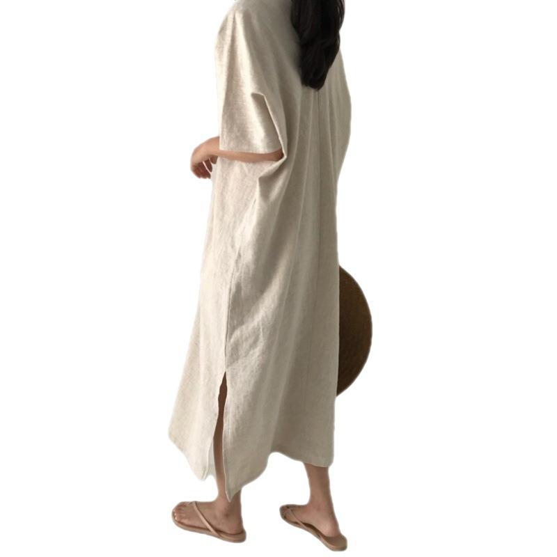 Minimalistické Retro Dlouhé Volné Ležérní Šaty s Dlouhým Krátkým Rukávem