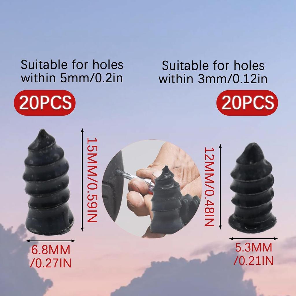 40-Pack Tire Repair Nails Plugs 2 Sizes with Screwdriver for Car | 40-pack 2 sizes rubber plugs, includes screwdriver, fast self-service repair, fits