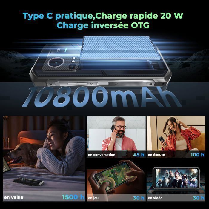 Telephone Portable Incassable 5G HOTWAV Hyper 7S 16Go+256Go Écran 6.6" 10800mAh Smartphone Robuste Android 15 Dual SIM/NFC Noir