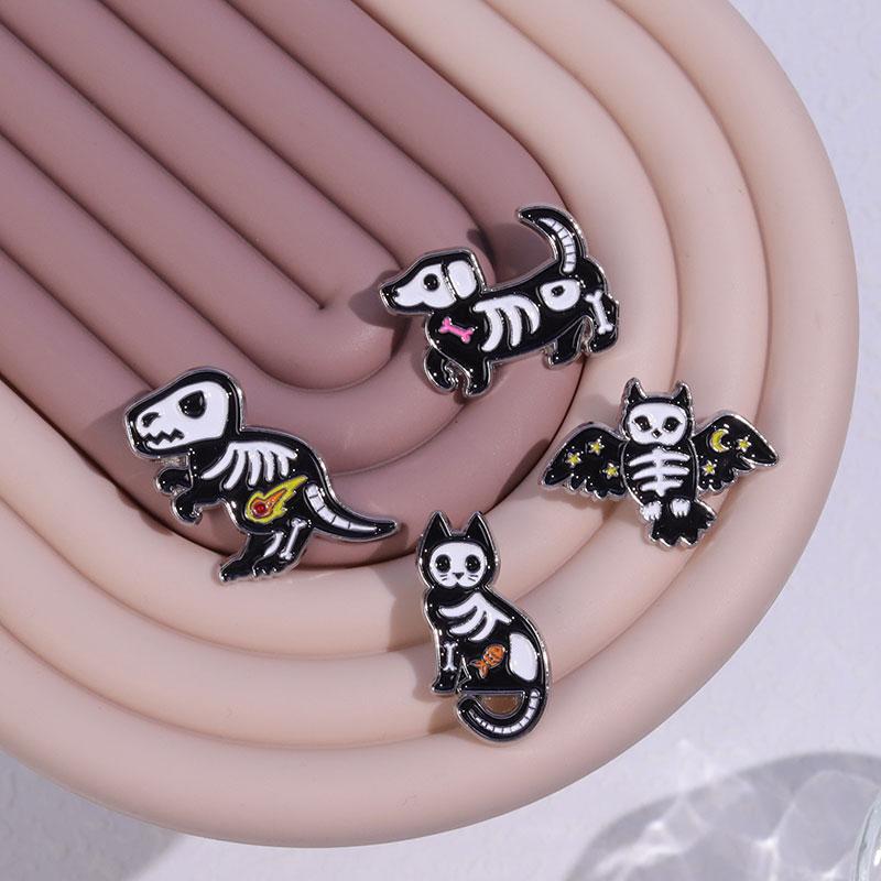Animal Bone Enamel Pins Custom Dino Dog Owl Cat Brooches Lapel Badges Blck Kitten with Blood Knife Jewelry Gift for Friends