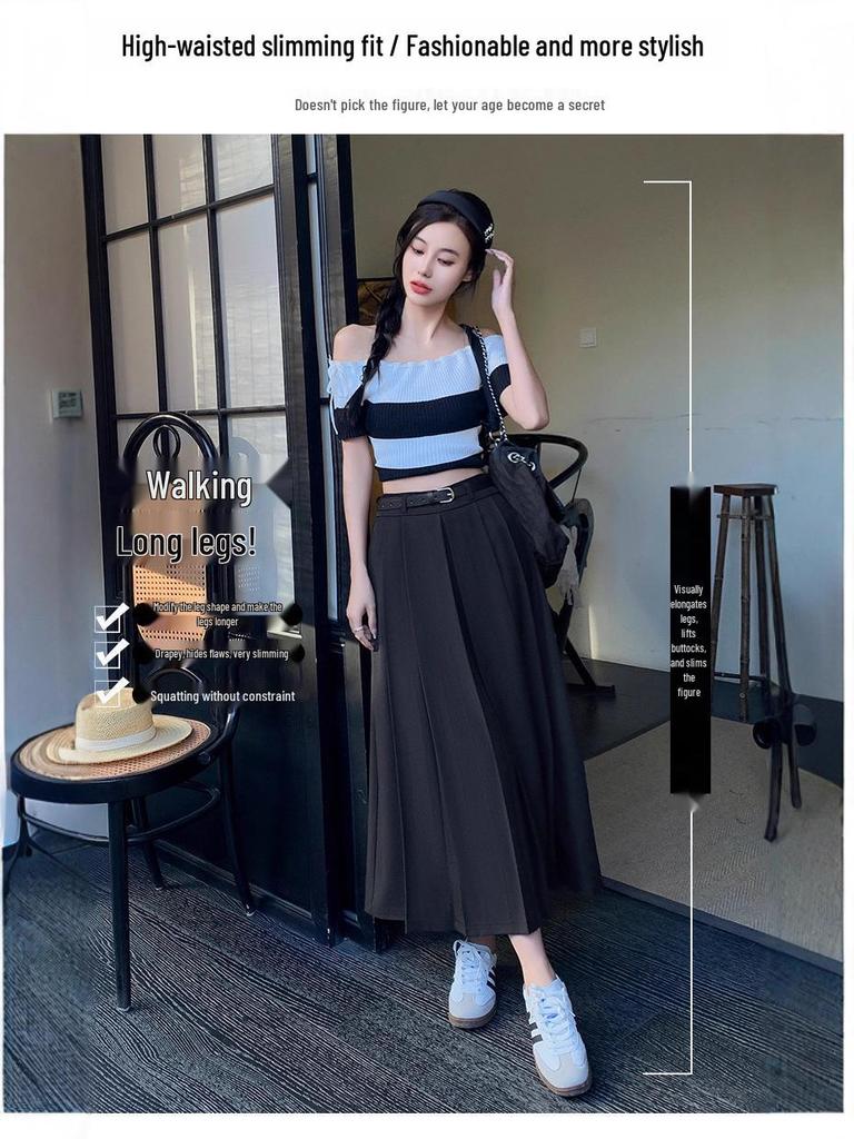 Women's Summer High-Waisted A-line Pleated Drape Skirt Suit