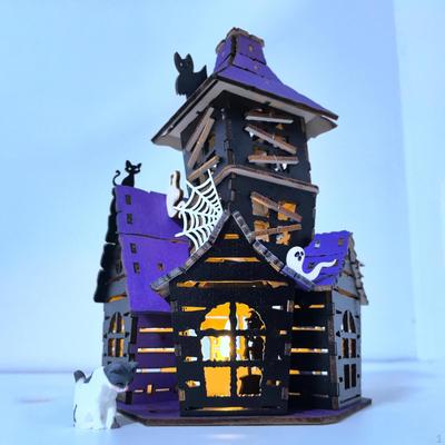 Halloween Haunted House DIY Kit Wooden Castle Creepy Home Decor Puzzle Toys Table Sign for Indoor