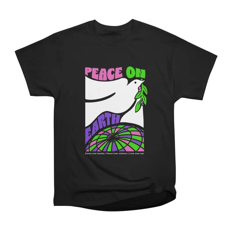 Men Casual Shirts Short Sleeves PEACE ON EARTH Black Tees Oversized T-shirts S