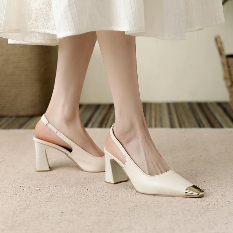 

Fashion French Baotou Sandals Women s Summer Pointed Toe High Heels Block Heel Back Empty Soft Leather Single Shoes 42