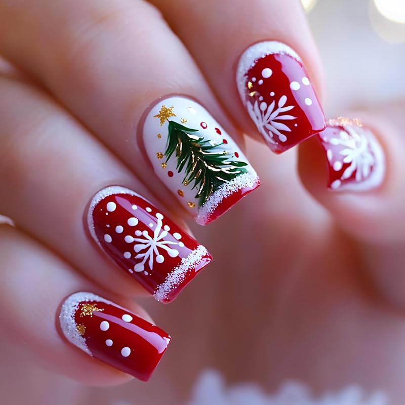 Christmas Press On Nails Medium Square Fake Nails with Gold Snowflake Christmas Tree Designs Xmas Red False Nail Acrylic Winter Snow Stick On Nail