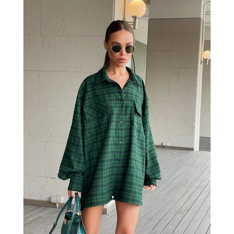 

European and American New Retro Shirt Plaid Mid-Length Loose Shirts Loose Vintage Plaid Shirt Green S