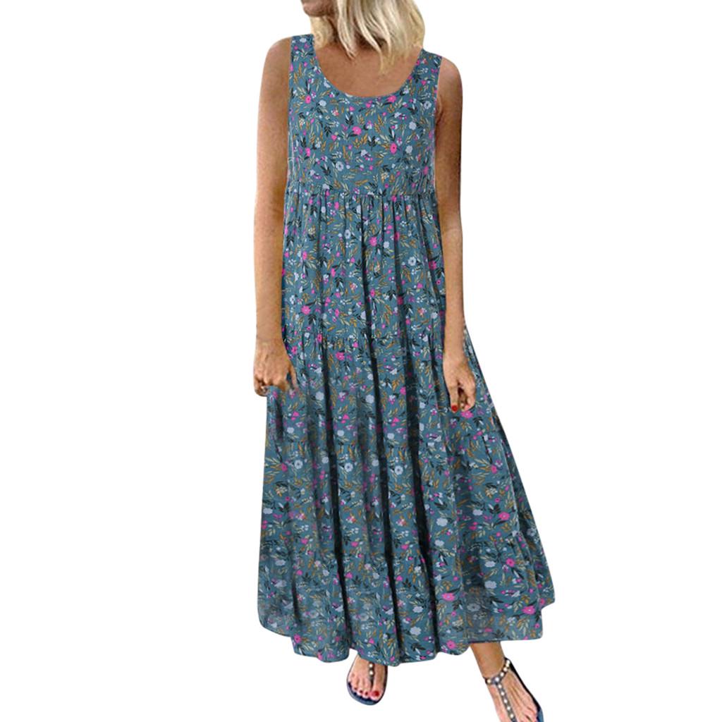 Kvinner Plus Size Casual Løs Ermeløs Floral Daglig Lin Print Lang Maxi Dress