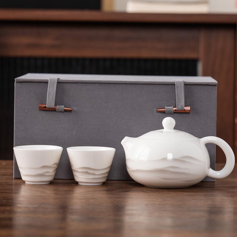 Beam Pot One Pot and Two Cups Suet Jade Porcelain Light Luxury Kung Fu Tea Set Kuaike Cup High-end Brocade Box Gift Box