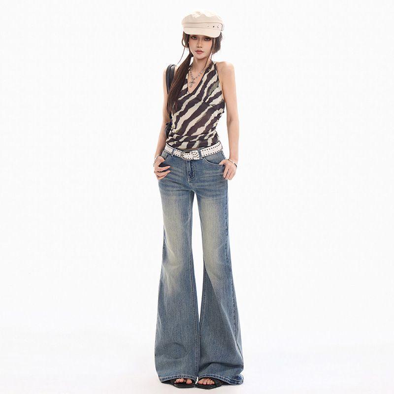 Spring Summer Vintage Light Blue Y2K Slim Horse Hoof Micro Flare Denim Pants For Ladies Casual Pants Oversize Denim Trousers