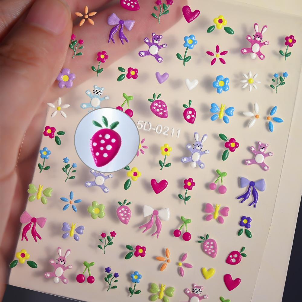 Small Fresh Flower Relief Nail Art Sticker Sweet Daisy Strawberry Flower Three-Dimensional Nail Decorative Sticker