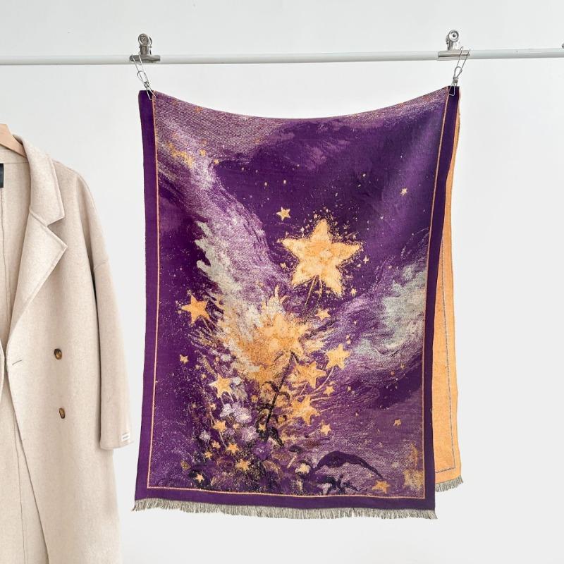 

Autumn and winter oil painting style scarf fashionable and versatile new cold and warm medium and long star scarf atmosphere shawl 185x65cm фиолетовый