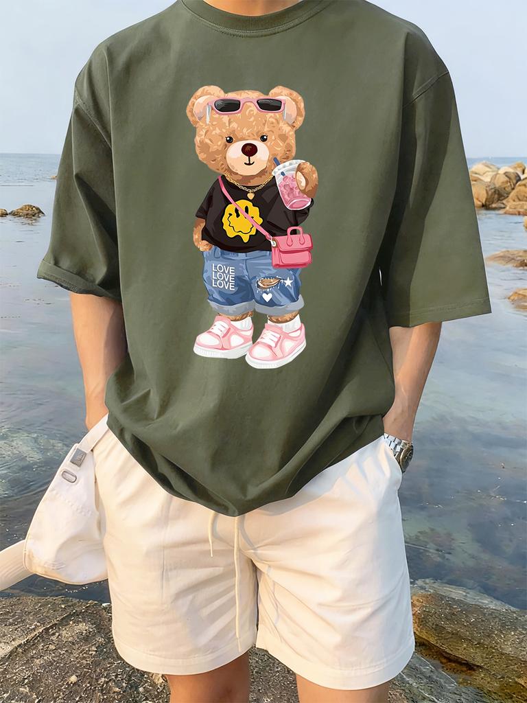Bear Likes Drink Beverages Printed TShirts Women Summer Cotton Short Sleeve Tees Loose ONeck Soft Tops Basic Woman Clothes