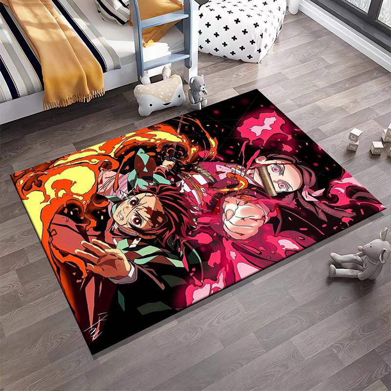 Anime Style Carpet with Fiery Red and Black Design, Bold Characters Suitable for Use As an Anti-slip for Living Room Bedroom Sofas
