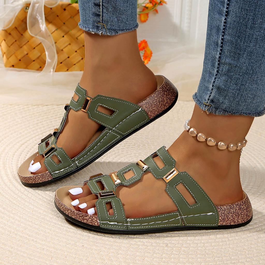 Women'S Chic Style Design Sandals Fashionable Casual Geometric Cutout Metal Flat Sandal Summer Sweat Shoes Sandalias De TacóN