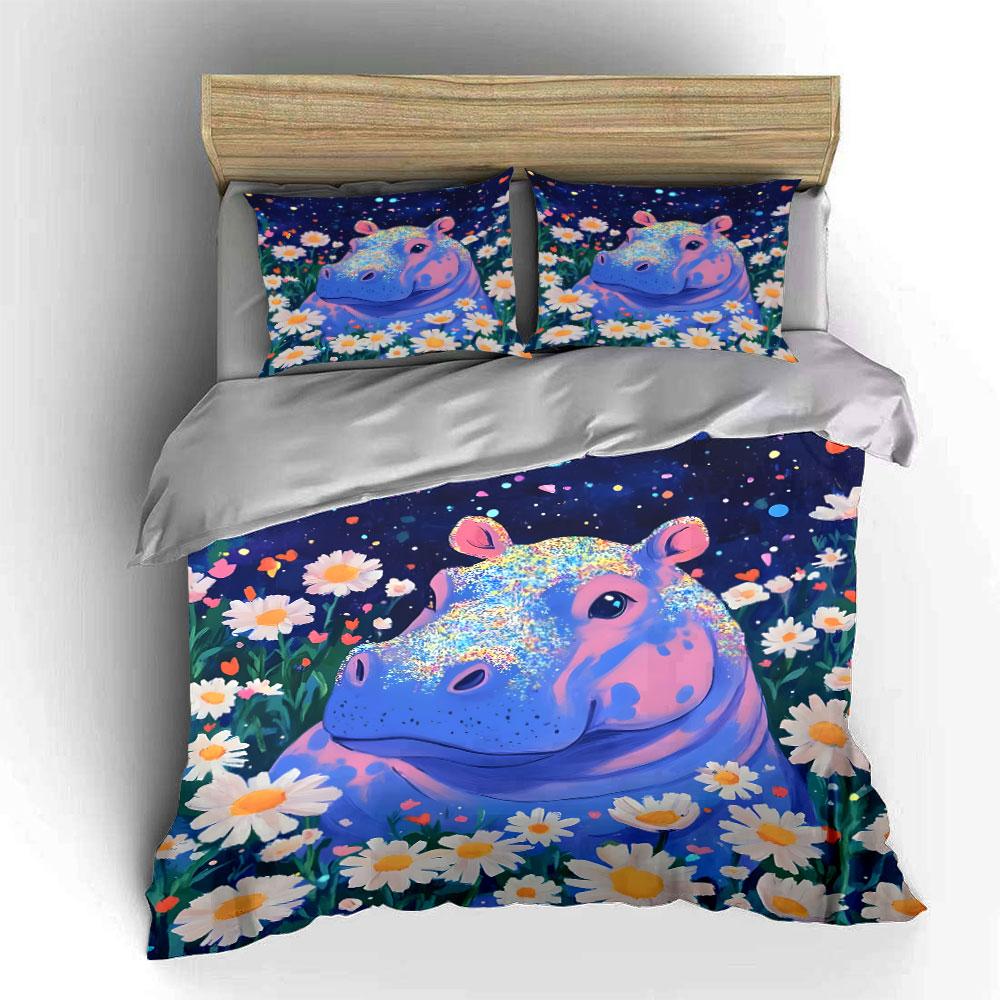 Dreamy Hippo With Daisy Field Bedding Set For Kids Luxury Gift 3Pcs Digital Print Comforter Set Soft Comfortable Breathable