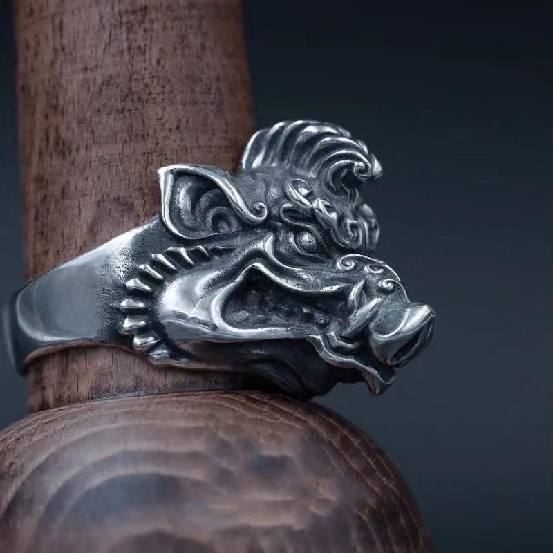 Handmade Vintage Boar Ring Inspired By Tianpeng Marshal Sterling Adjustable Unisex Statement Jewelry
