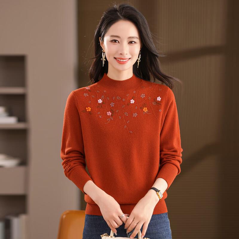 Fengxiao Women's 100% Wool Mock Neck Embroidered Sweater