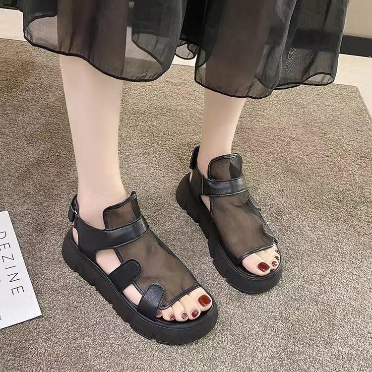 

Сексуальные женские сандалии на платформе, сетчатые пляжные сандалии-гладиаторы, винтажная летняя женская обувь 36 чёрный