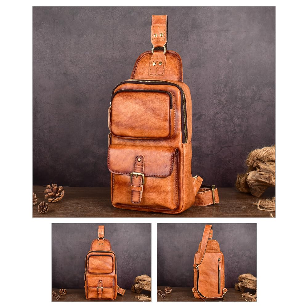 Whatna Antik-Stil Gegerbtes Natur-Rindsleder Umhängetasche Ein-Schulter-Tasche für Herren, Reversibler Riemen links oder rechts, Echtes Leder, Dick,