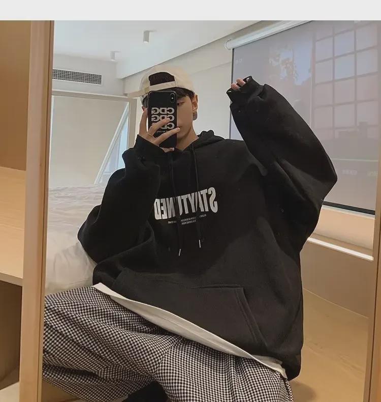 Men's Trendy American Letter Print Hoodies - Autumn/Winter Hong Kong Style, Large Size Youth Pullover Jacket