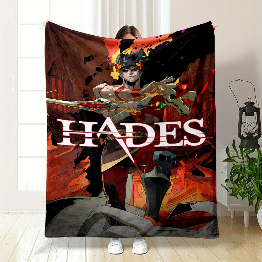 Fiery background, weapon-wielding character with skull motifs and vibrant text. for all seasons blanket lunch break throw gift