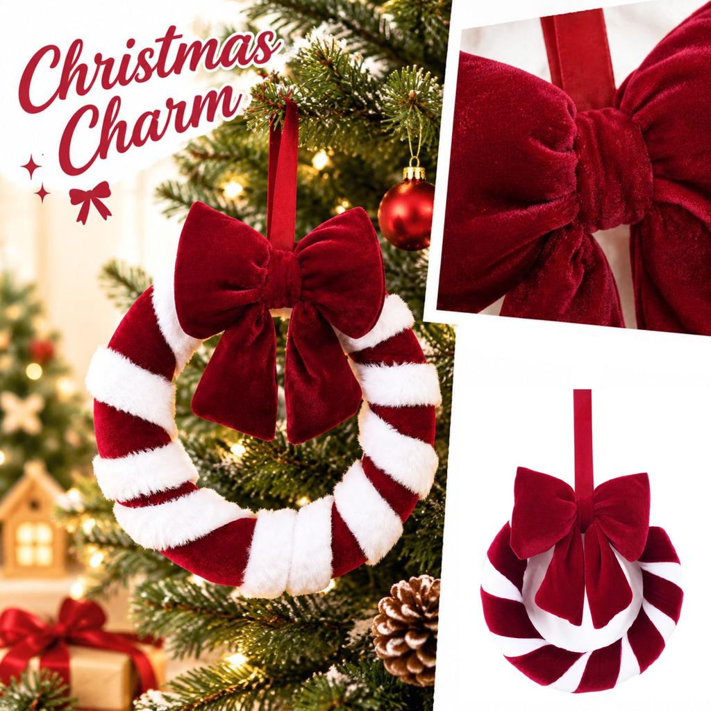 Christmas Wreath Hanging Decoration with Velvet, Red and Holiday Scene Decor for Home