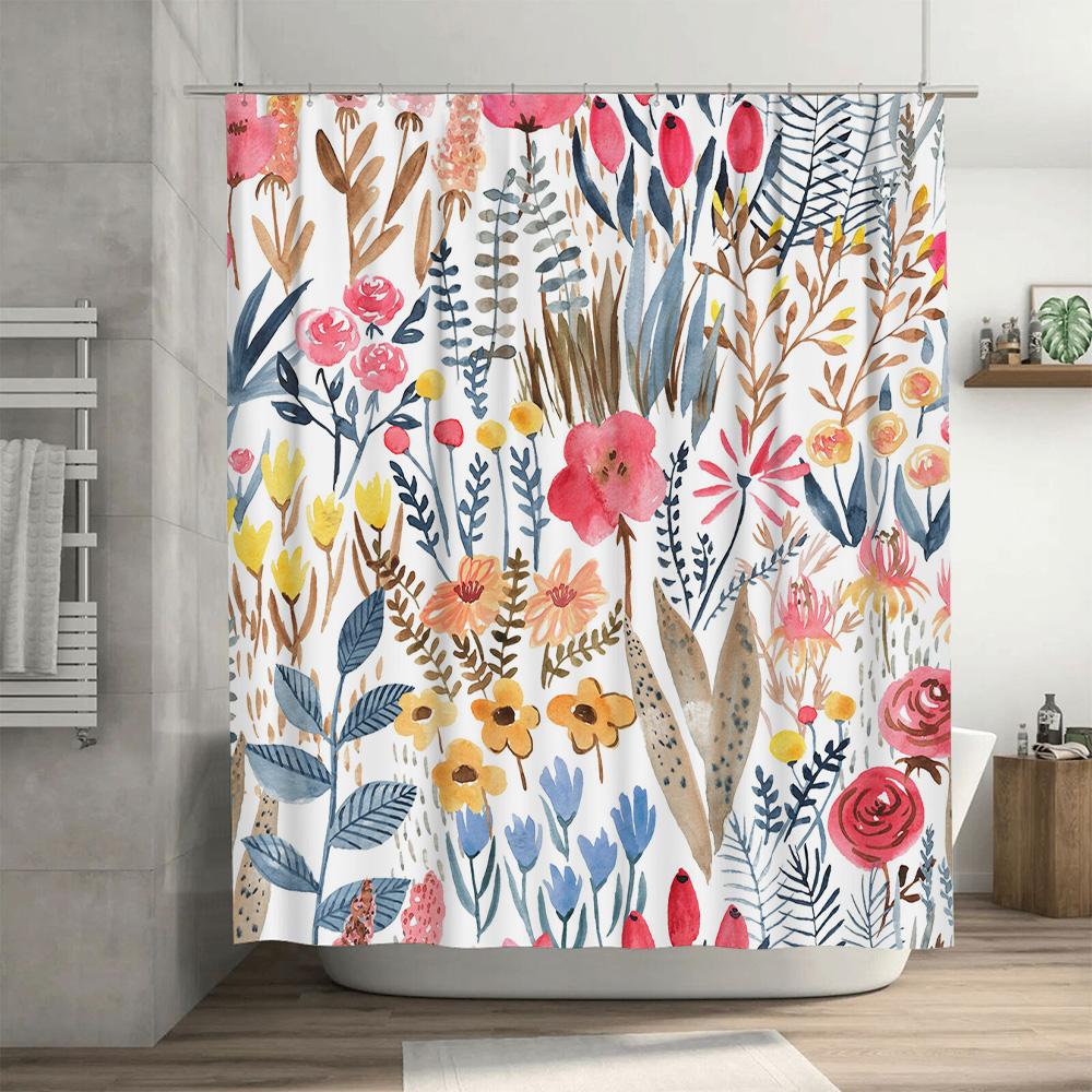 Artistic Floral Print Shower Curtain Watercolor Flowers in Blue, Pink Yellow for Bathroom Decoration