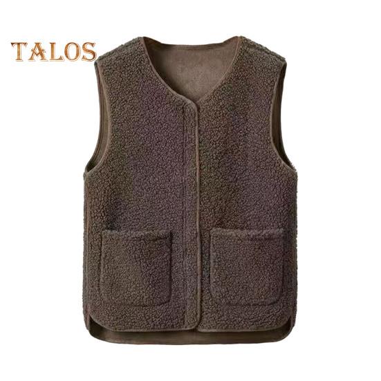Women Fall Spring Vest Round Neck Thick Fleece Pockets Solid Color Sleeveless Zipper Closure Retro Warm Office Street Home Vacation Layering