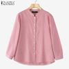 ZANZEA Womens Casual Stand Collar Loose 3/4 Sleeve Stripe Blouse