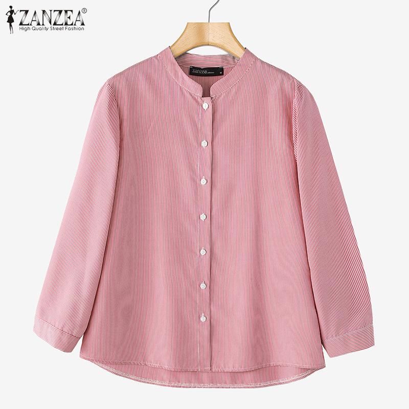 ZANZEA Womens Casual Stand Collar Loose 3/4 Sleeve Stripe Blouse