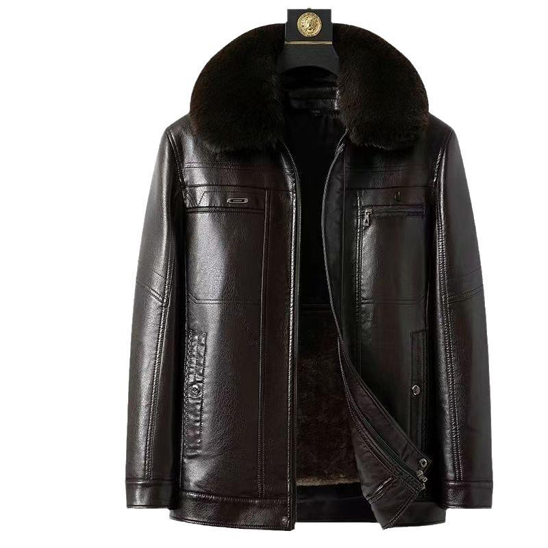 Men's Thickened Winter Leather Jacket with Fur Lining for Middle-Aged and Elderly Dads