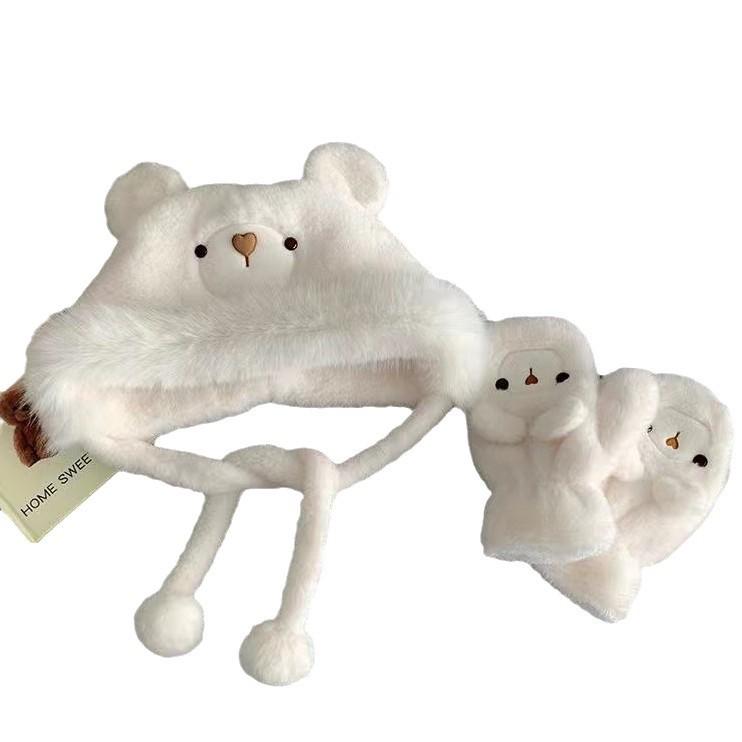 Plush Bear Hat Gloves Women's Autumn and Winter Plush Thickened Thermal Ear Protection Pullover Hat Cute Lei Feng Hat Cycling