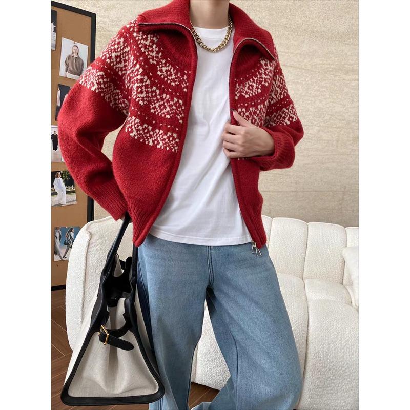Korean Fashion Autumn Winter Zipper Cardigan Women Sweater Jacket Retro Printed Lapel Loose Knitted Coats Long Sleeve Office Fashion Elegant Clothing