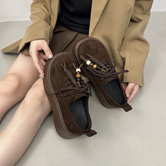Fashion Lace-up Women's Loafers, Muffin Soles, Retro Round Head Thick Soles, Not Tired Feet, Single Shoes 2025 Autumn and Winter New Models