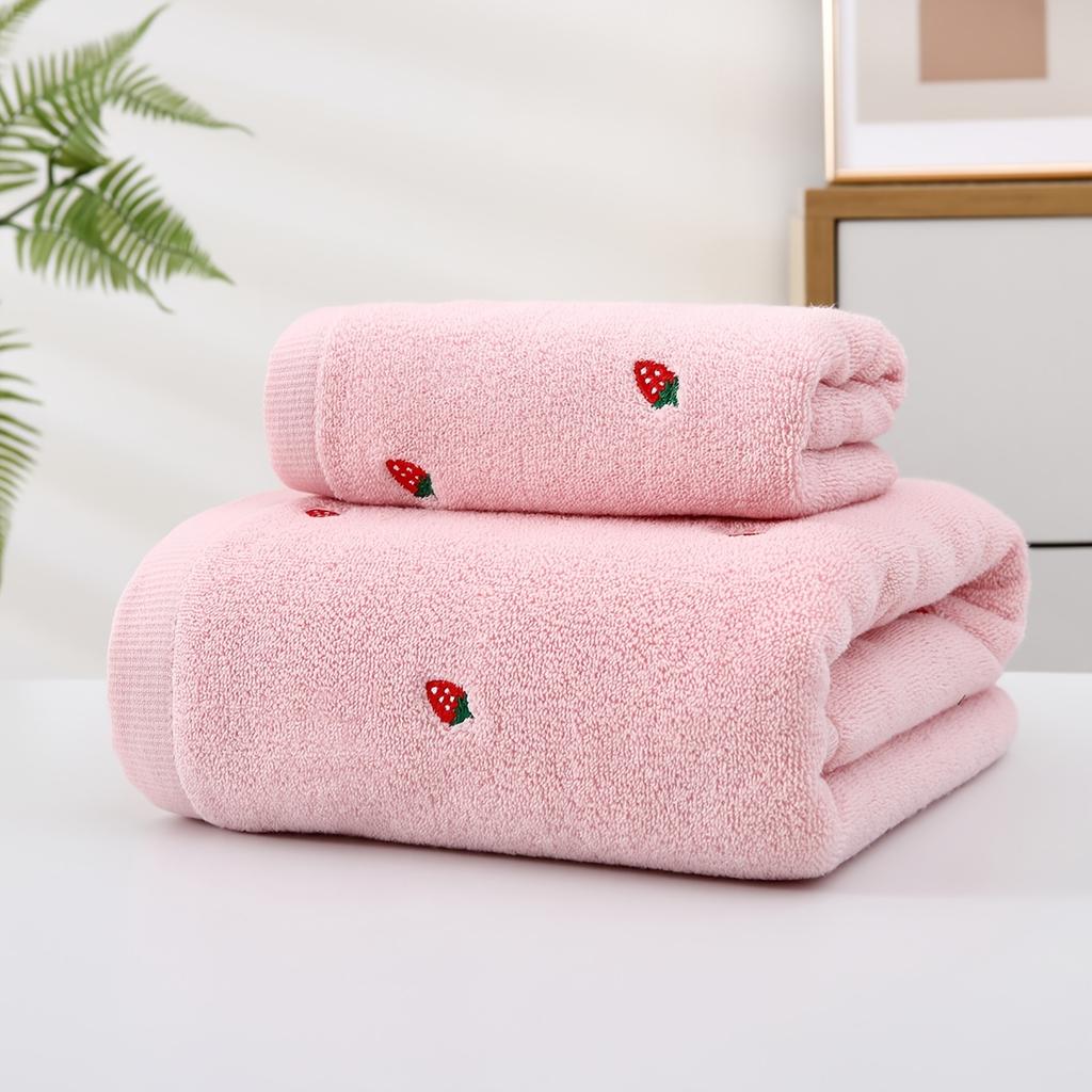 2pcs EverShine Cotton Bath Towel Set Embroidered Strawberries, Ultra Absorbent Woven Towels for Bathroom, SPA, Swimming, Gym