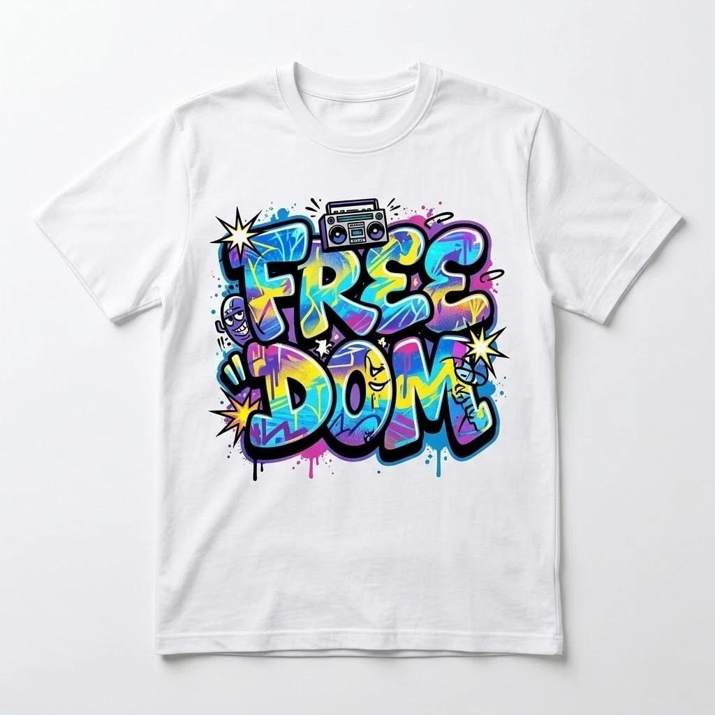 Freedom Graffiti T-Shirt - Retro Hip Hop Boombox Urban Streetwear Graphic Tee M