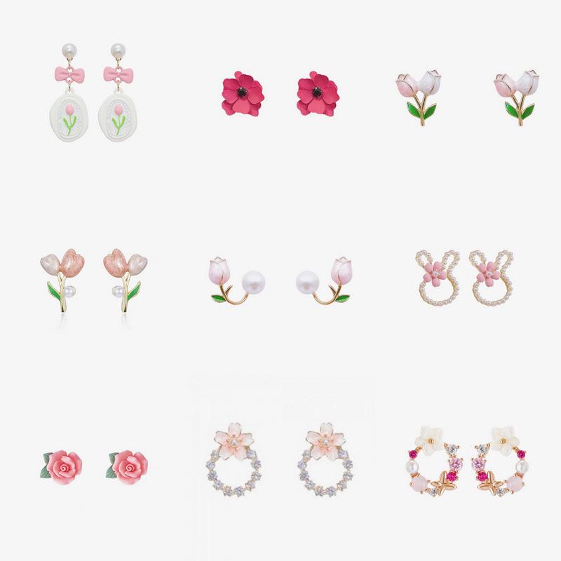 Koreanische rosafarbene Harzblumen-Herz-Ohrstecker - Elegant & Modisch
