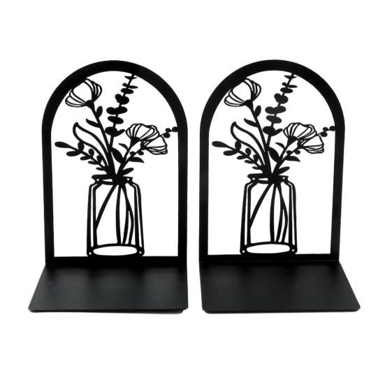 1 Pair Flower Metal Bookends Decorative Flower Vase Book Ends for Shelves Black