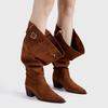 Fashion Star style Zip Fold Faux Leather Western Women Knee-high Boots Fashion Autumn Winter High heels Cowboy Long Boots Shoes Botas