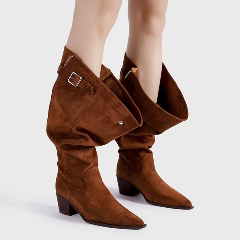 Fashion Star style Zip Fold Faux Leather Western Women Knee-high Boots Fashion Autumn Winter High heels Cowboy Long Boots Shoes Botas