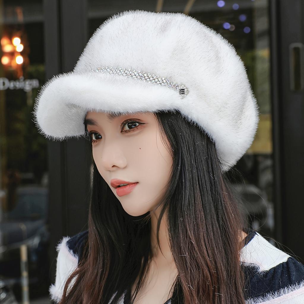 Artificial Fur Women's Velvet Hat Winter Outdoor Travel Warm Hat Faux Fur Duckbill Hat Noble Temperament Fashion Faux Mink Fur with Brim Beret