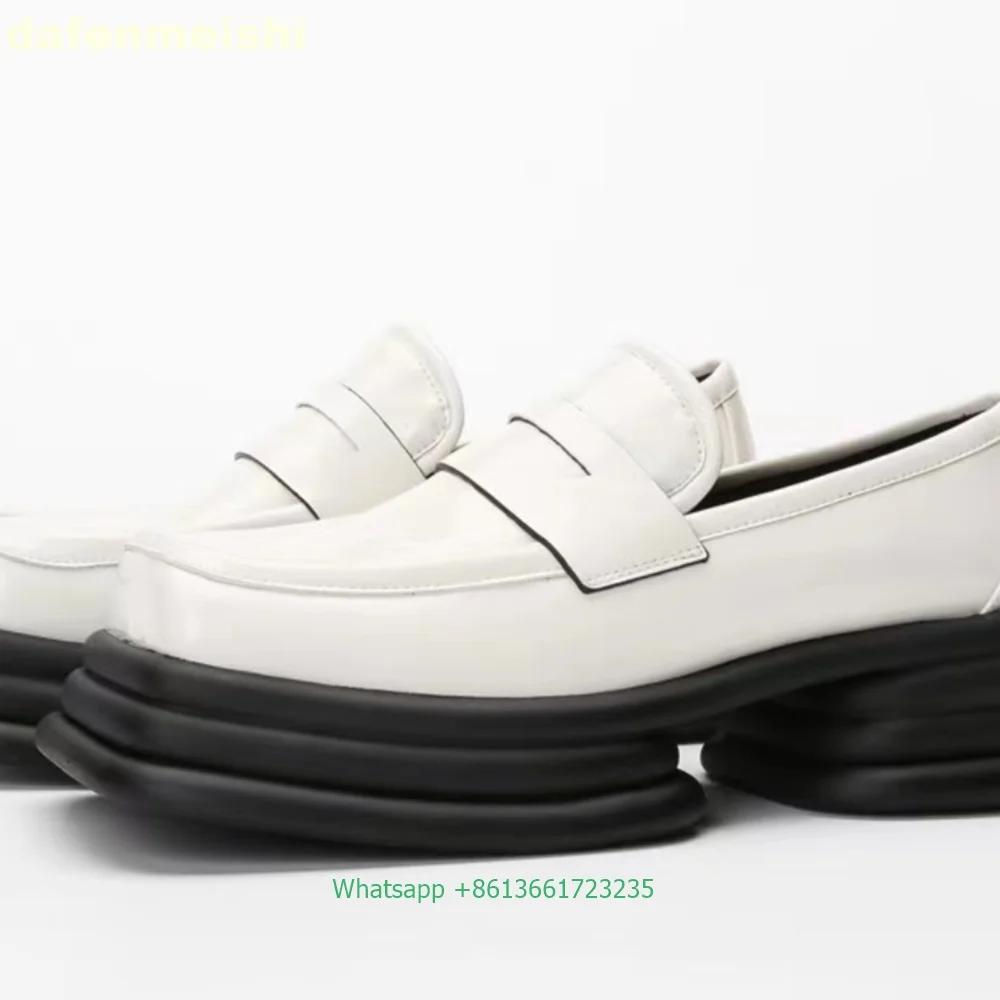 Square Toe Slip On Women Loafers Thick-Soled Patent Leather Shoes Spring Thick Heels Lace-Up 2025 Genuine Leather Shoes