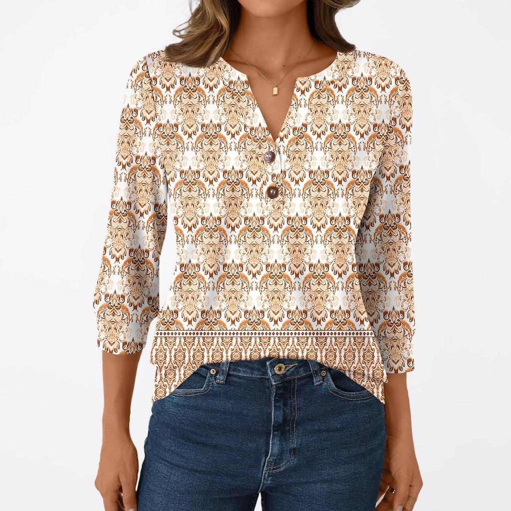 T-shirt Manches 3/4 Décontracté Mode Femme Imprimés Col V Boutonné