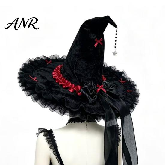 Spooky Festival Accessories Halloween Witch Hat for Women, Large Black Velvet Wizard with Party Favors Mesh Ruffle Brim Adults Costume, Cosplay