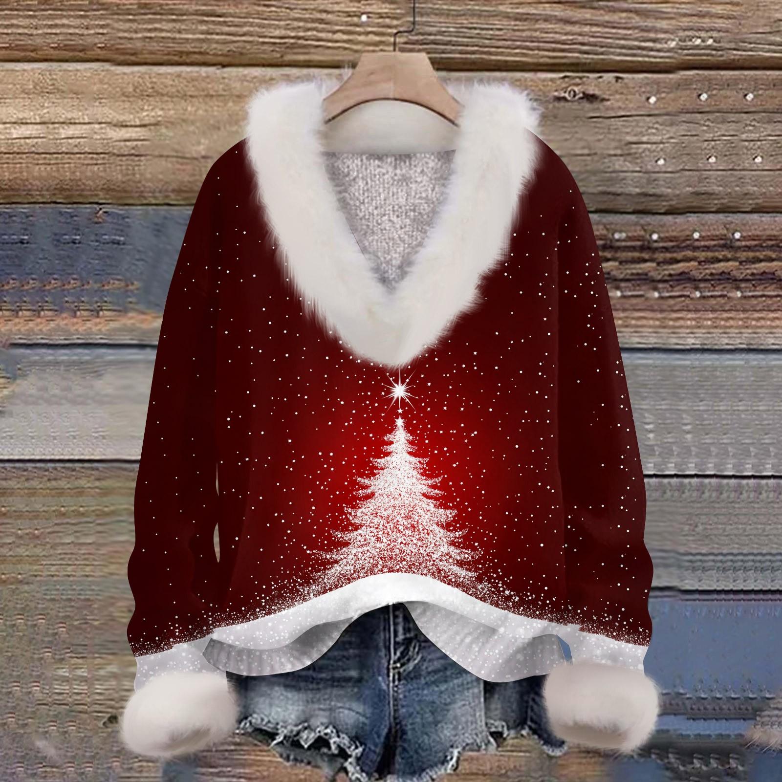 

Женская толстовка с длинным рукавом, рождественским принтом, плюшевым воротником, V-образным вырезом, пуловер XXXL винный