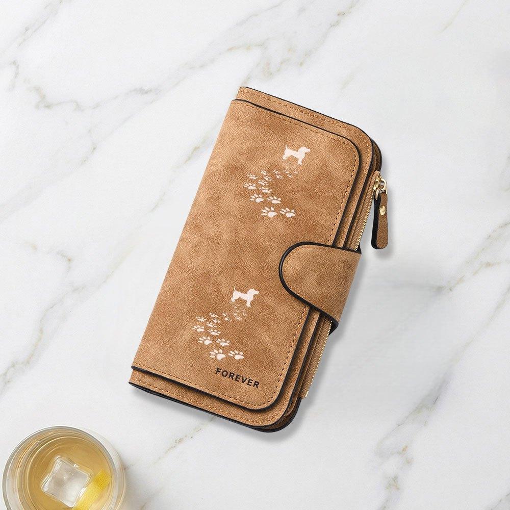 Leash Dog and Footprint Path Pattern Printed Long Wallet, Multifunctional Portable Coin Purse with Clasp, Suitable for Daily Commuting, Large
