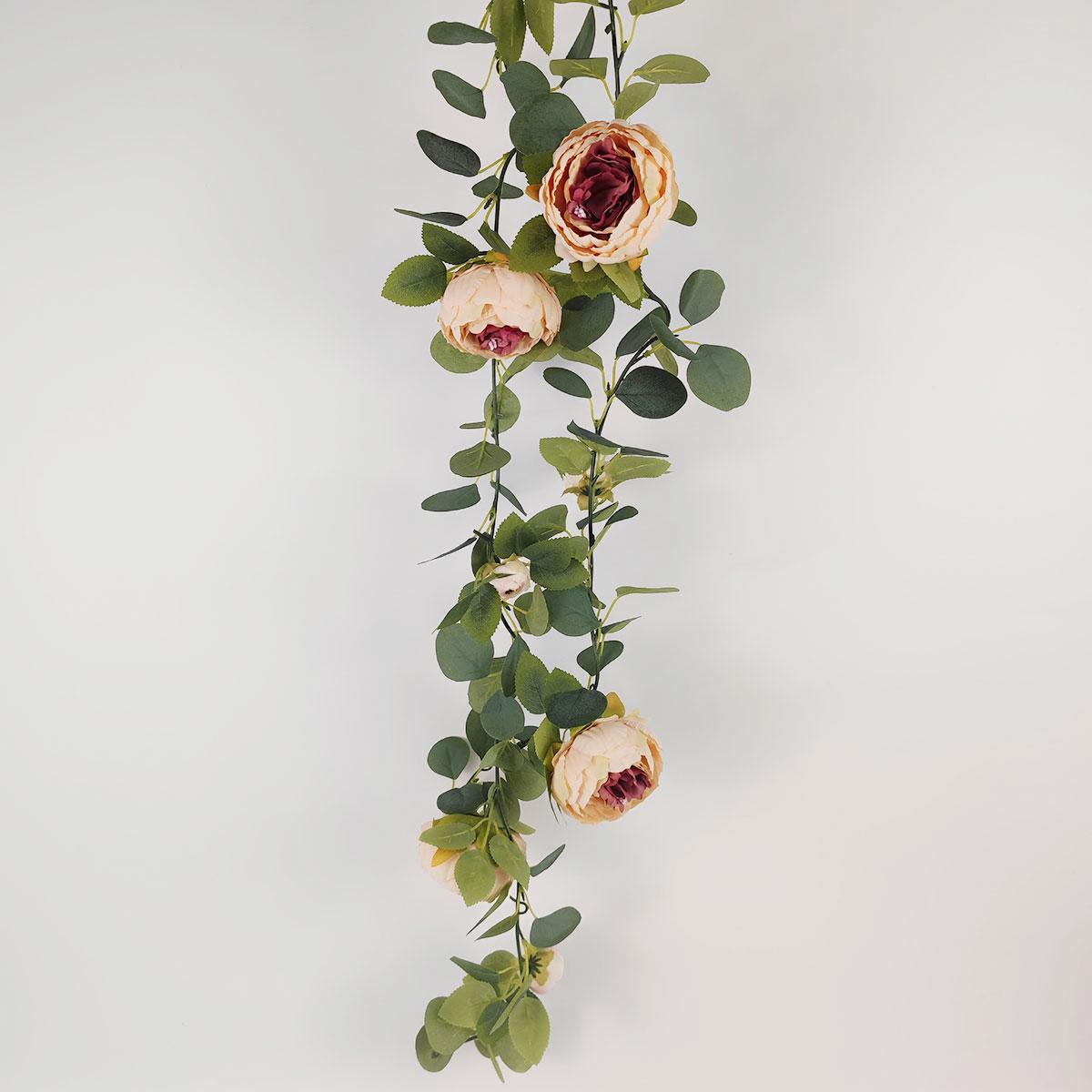 

1 шт. 1,75 м искусственная гирлянда из эвкалипта с искусственным цветком пиона, семенами листьев эвкалипта, зелень, гирлянда для декора свадебного стола розовый