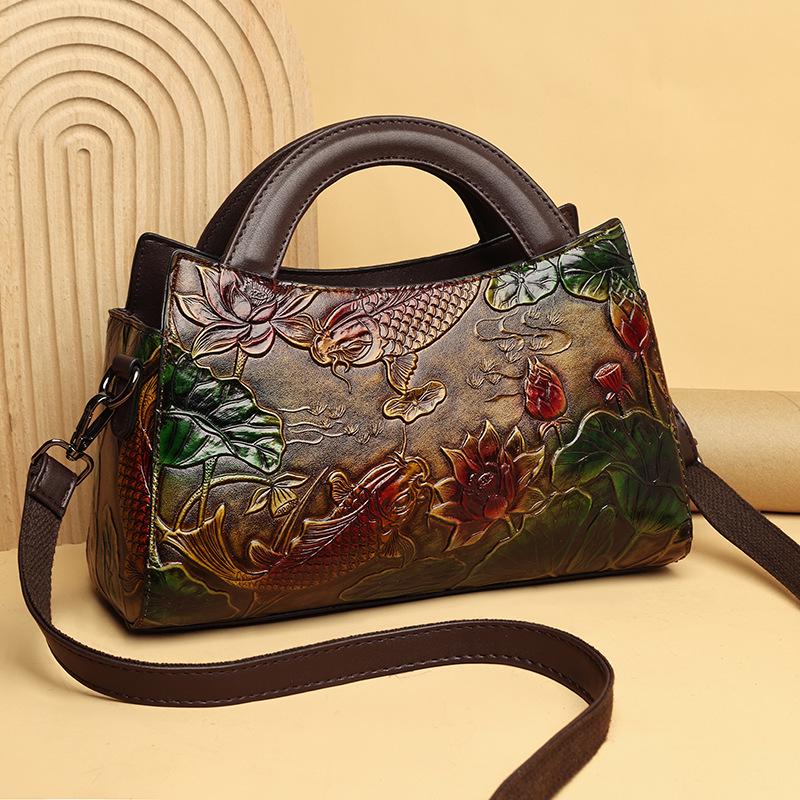 2025 Retro Glücksfischmuster Chinesische Handtasche - Großes Fassungsvermögen, Texturiert, Lässige Damentasche