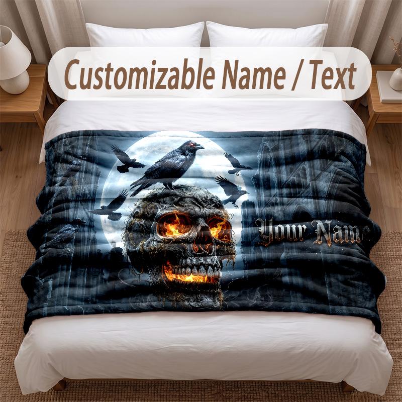 Skull Gothic Theme Soft Blanket Personalized Custom Name Text Print Warm Blanket Home Sofa Bedroom Decor