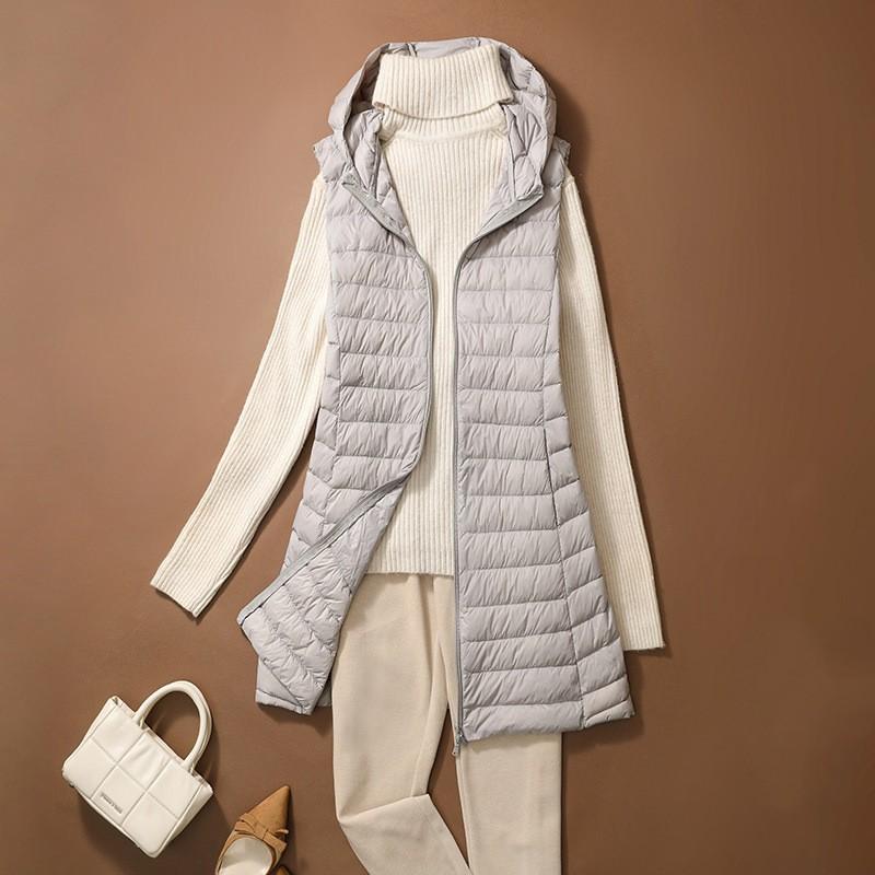 

Women s Autumn/Winter Lightweight Hooded Down Vest Mid-Length Slim Sleeveless Sports Jacket L сірий